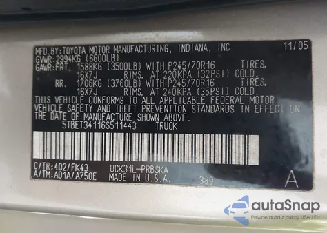 2006 Toyota Tundra Sr5 V8 z USA, uszkodzony, nr VIN 5TBET34116S511443